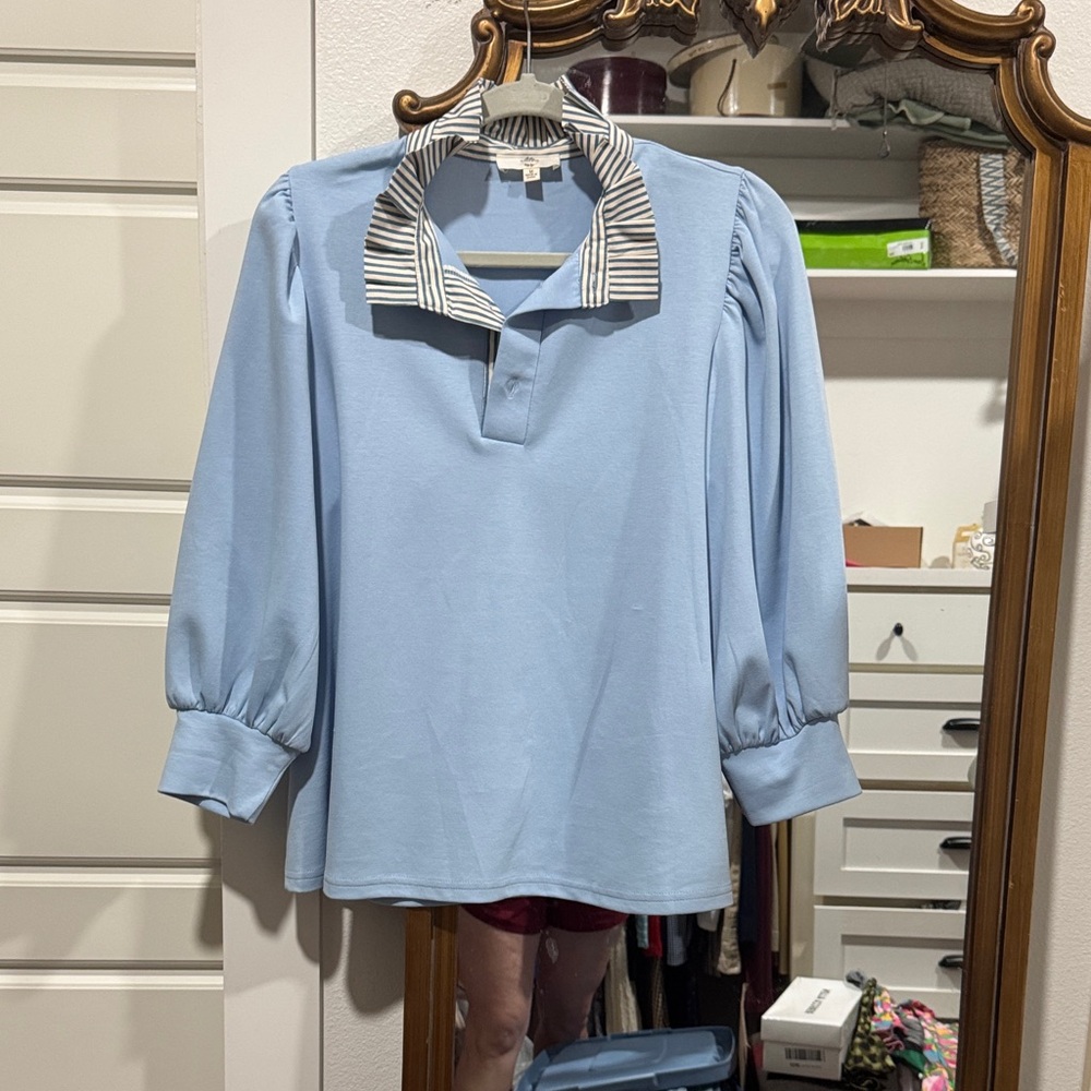 entro Powder Blue Puff Sleeve Tunic with Striped Collar